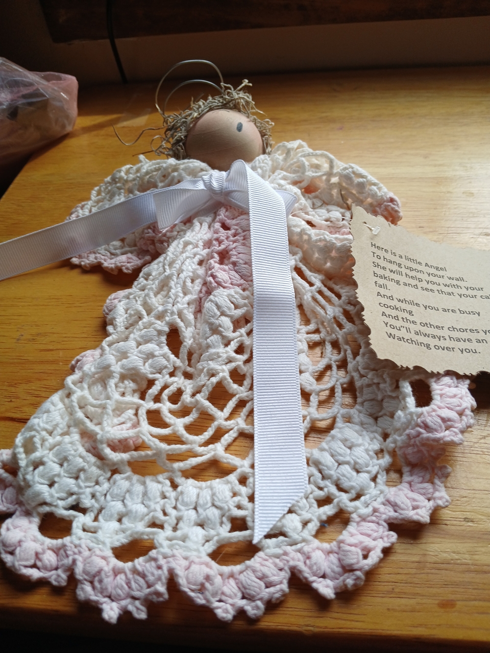 Handmade Vintage Crocheted Angel Décor in White and Pale Pink with Ribbon